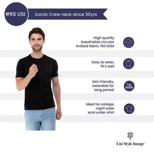 USI Uni Style Image Half Sleeve Round Neck T-Shirt for Men Color Black with Grey Rib